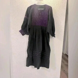 Vintage-Style Black Dress Size 8/10 Purple Floral Embroidery, Boho Peasant Dress